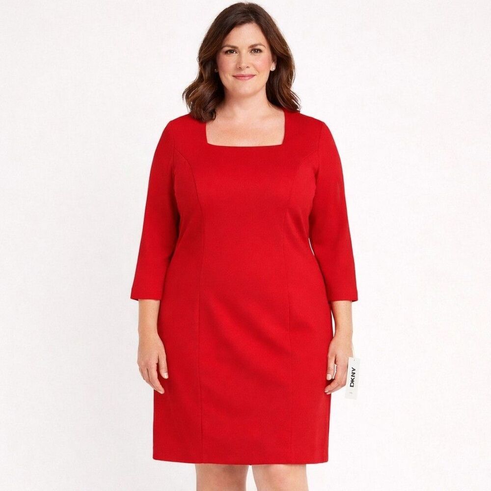 DKNY Sheath Dress Womens 14 Red Square Neck Career Work Office Midi NWT
